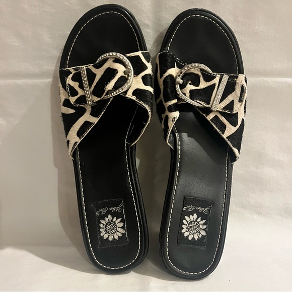 Black Animal Print Wedge Sandals with Rhinestone Buckle Bold Statement - Picture 4 of 10